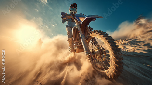 Motocross Rider Kicking Up Dust at Sunset