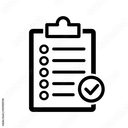 A simple black icon of a clipboard with a checklist (circles and lines) and a check mark in a circle at the bottom. Represents tasks, to-do lists, and completion.