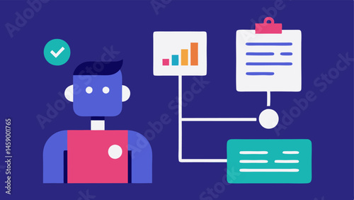 Feedback Forms to Insights An illustration of feedback forms and surveys on one side flowing into an AI figure that processes the information and outputs valuable insights on the