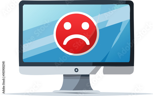 A modern flat screen monitor showing a red sad face icon with a cracked screen and warning display, representing a system error or computer failure on a clean white background.