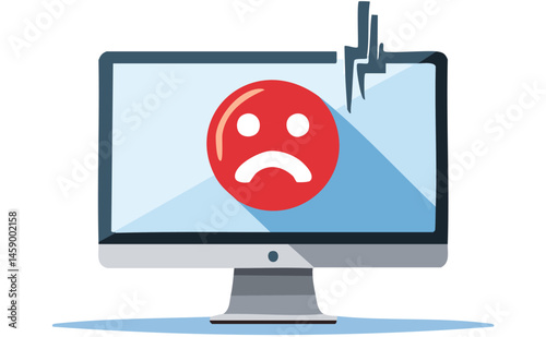 Flat design showing a cracked monitor with a sad emoji in the center, symbolizing a tech issue or error alert. Clean white background enhances the graphic clarity.