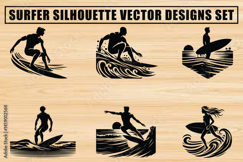 Surfer Silhouette Vector Design Set 