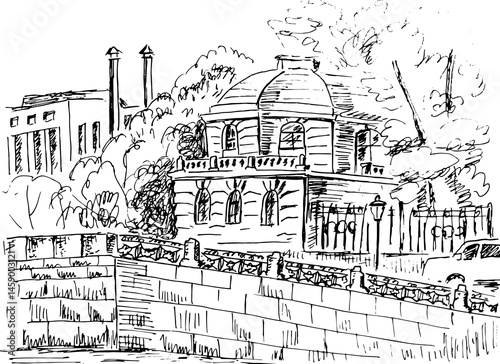 Historical cityscape of European town. Street, river embankment, old house, ancient iron fence, trees and cars. Vector hand drawn sketch, black and white.