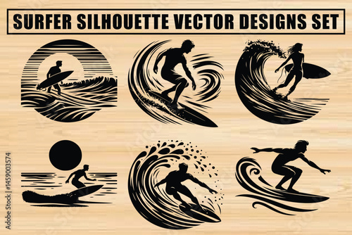 Surfer Silhouette Vector Design Set 