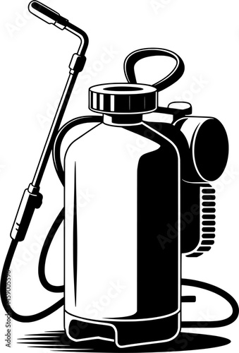 Backpack pesticide sprayer in black and white silhouette with hose and nozzle for small-scale farming