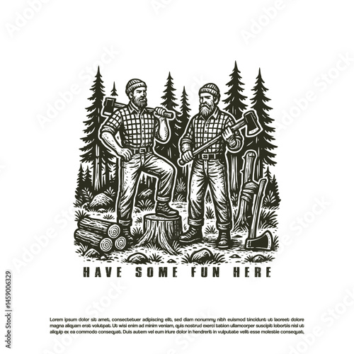 Vintage retro hand drawn two old lumberjack holding axe in the wood forest illustration