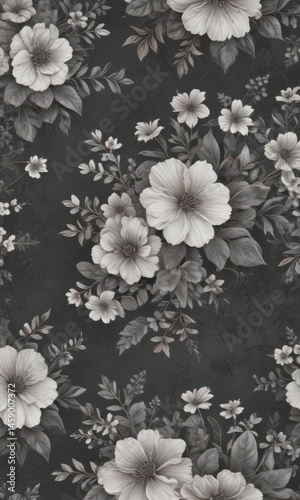 Subtle charcoal grey floral wallpaper with tiny blossoms; seamless repeat , texture, elegant