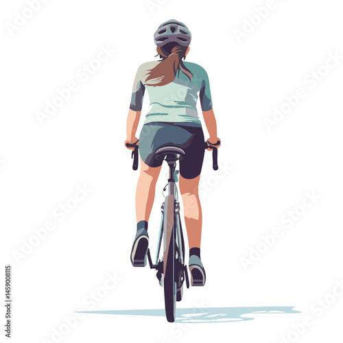 Cyclist Riding Road Bike Vector Illustration From Rear View On White Background