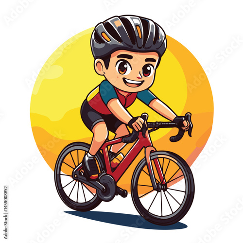 Cartoon Cyclist Riding Bicycle Against A Yellow Circular Background Illustration