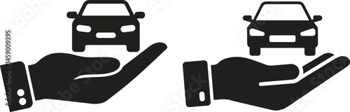 Minimalist Car Care Icon—Stylized Hands Holding Compact and Sedan Vehicles