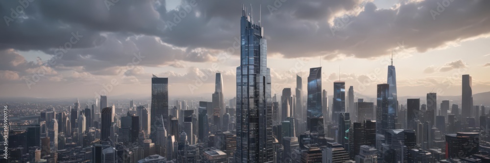 Fototapeta premium Sleek glass skyscraper rising, city skyline backdrop, design, light