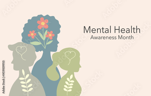 Mental Health Awareness Month in May. Human head with flowers in flat design.