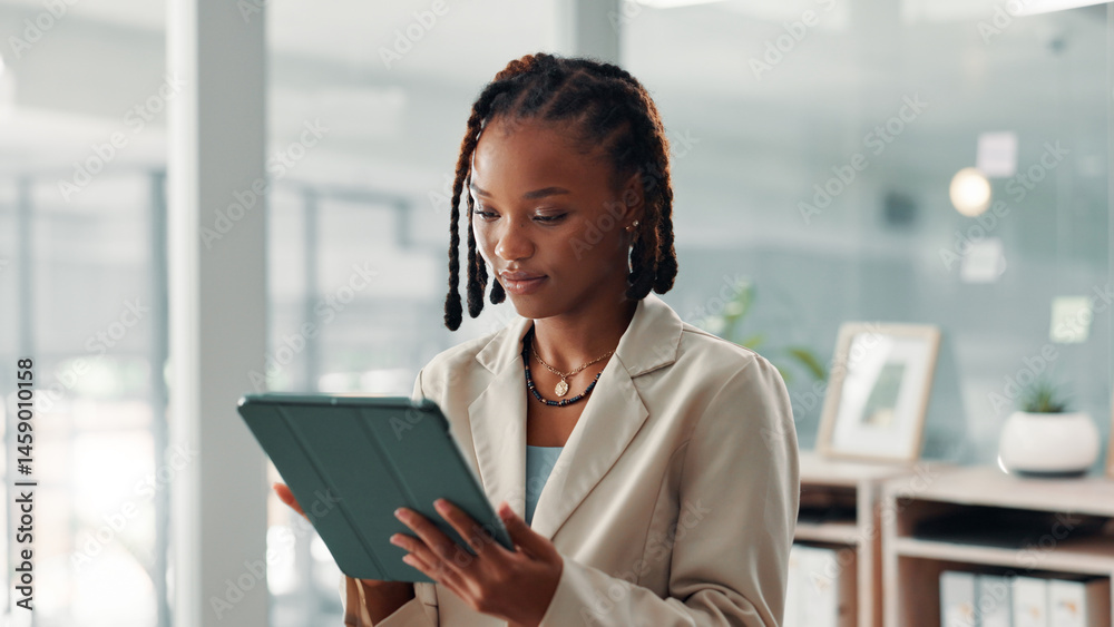 Office, black woman and research with tablet for website, digital agency and connection for email. Workplace, female person and consultant with technology for startup information, business and report