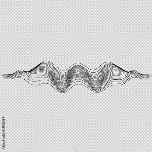 Minimalist black and white line drawing of a centered music waveform with flowing peaks and valleys, subtle pastel shading, and balanced rhythm evoking elegant audio motion and energy on a white backg