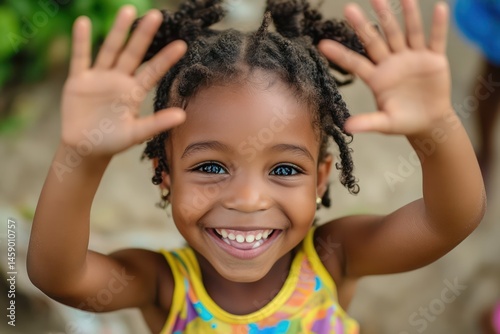 Child smiling with raised hands in celebration photo