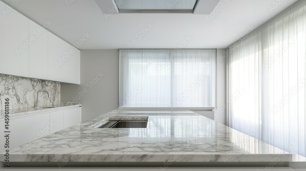 Fototapeta premium Modern, minimalist kitchen interior with marble countertops.
