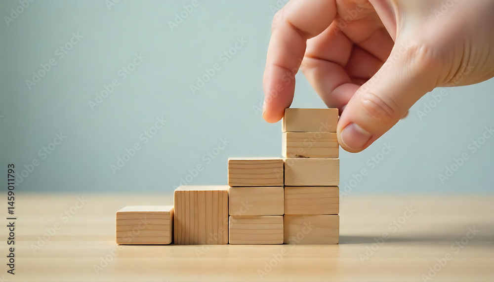 Business growth success achievement concept, hand arranging wooden block stacking as step stair or ladder for planning development leadership and customer target group concept Business growth success achievement concept, hand arranging wooden block stacking as step stair or ladder for planning development leadership and customer target group concept