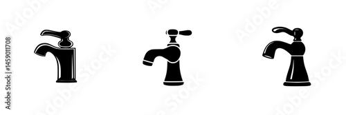 Flat black icon set of various faucet designs showcasing different styles for interior or exterior settings
