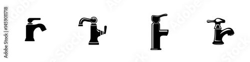 Collection of flat black faucet icons displaying various designs and styles for plumbing applications