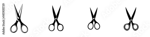 Various flat black scissor icons displaying different angles in a minimalist design suitable for creative projects
