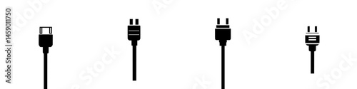 Icon set of flat black electrical connectors showing USB and power plug designs for digital use