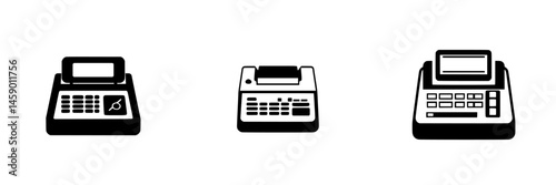 Flat black icons representing various models of cash registers, showcasing modern and traditional designs in a minimalist style