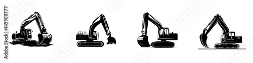 Various flat black excavator icons showcasing different positions and functions of construction machinery in a minimalist style
