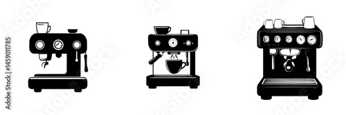 Black icons of espresso machines showcasing modern brewing techniques in a minimalist style