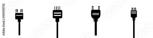 Collection of flat black icons depicting electrical plugs in various orientations for design and illustration purposes