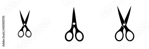 Flat black icons representing scissors in three different positions, showcasing their sharp blades and circular handles for various design purposes