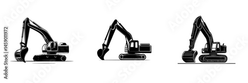Excavator machinery icons in flat black design showcasing three different bucket styles for construction activities