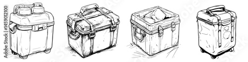 Various styles of insulated transport containers designed for food and beverage storage for outdoor activities