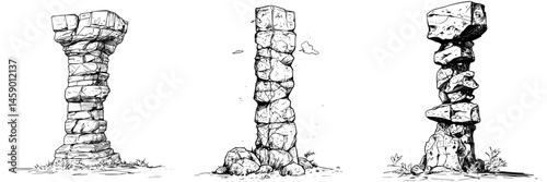 Detailed black icon depicting three different styles of stone pillars resembling ancient architecture and ruins