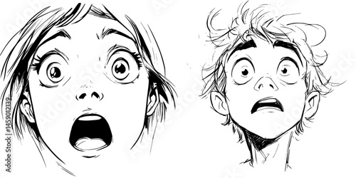 Expressive flat black icon depicting awe and surprise in illustrative art style featuring two characters with wide eyes