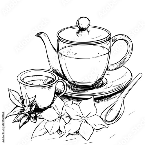 Elegant flat black icon of a teapot, cup, and flowers with a serene, minimalist design showcasing a calming tea experience