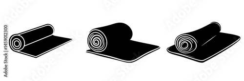Icon set depicting rolled mats in flat black style with various designs suitable for diverse applications