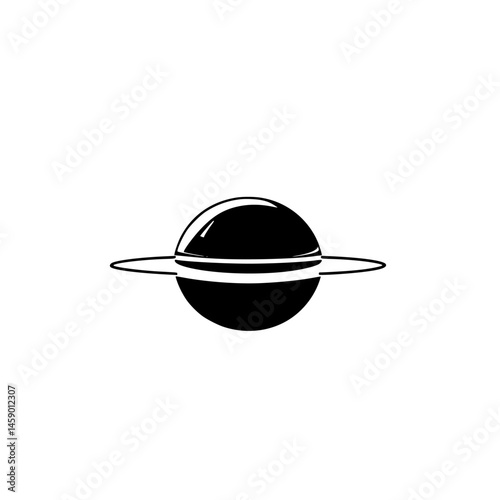 Flat black icon representing a planet with rings in a minimalist style for use in various digital projects