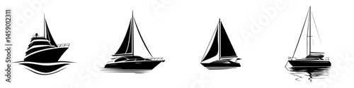 Elegant black icons of various sailing boats displayed in a minimalistic style on a white background