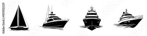 Various flat black yacht icons showcasing different styles and sizes for graphic design elements and nautical themes