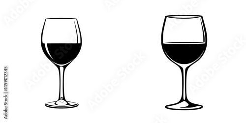 Two flat black icons of wine glasses depicting different shapes with liquid inside against a white background