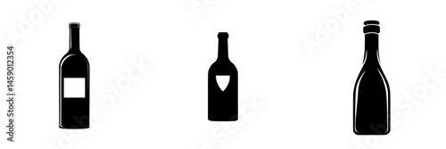 Flat black icons of wine bottles representing different shapes and styles in minimalist design