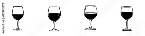 Various flat black wine glass icons showcasing different levels of wine fill for use in digital designs and illustrations
