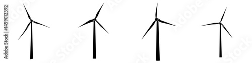 Flat black icon representing wind turbines in various positions showcasing renewable energy generation