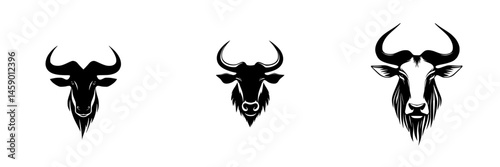 Three flat black icons representing different bovine heads with distinctive features