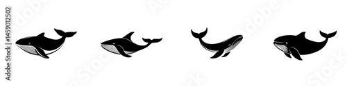 Black icon set of various whale silhouettes swimming gracefully in a minimalist style