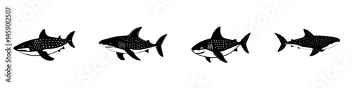 Illustration of flat black shark icons displaying various styles and positions