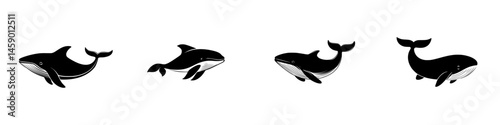 Stylized flat black whale icons depicting various species swimming elegantly in ocean depths