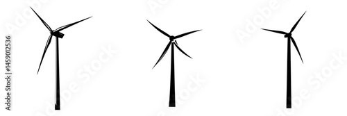Flat black icon representation of wind turbines with distinct designs showcasing renewable energy sources and sustainability concepts