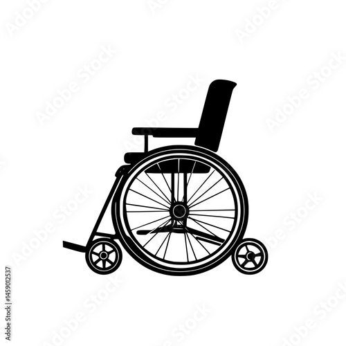 Flat black icon of a wheelchair, symbolizing mobility and accessibility for individuals with disabilities