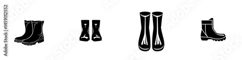 Various styles of flat black boots icons suitable for different weather conditions and activities